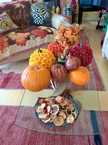 In your face, loaded down Thanksgiving coffee table